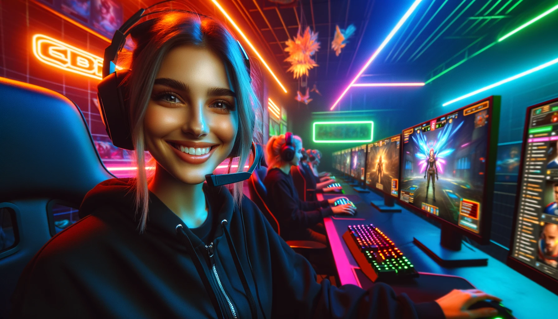 A young woman on a cyber sports team is smiling at the camera, her face cheerfully lit by neon lights